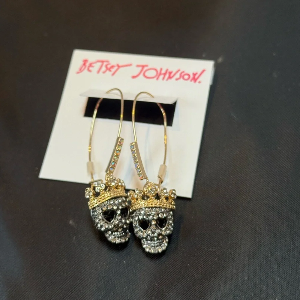 Betsey Johnson Gold and Black Pave Skull Earrings - Picture 3 of 8